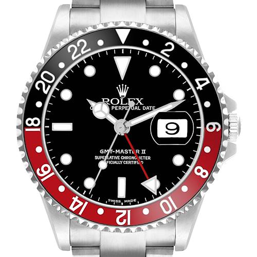 The Rolex GMT-Master 16710 Men's Stainless Steel Black Dial II watch is shown from the front, highlighting the bezel, dial, and date window.