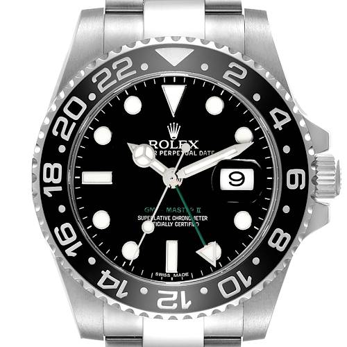 The image shows a frontal view of the Rolex GMT-Master 116710 Men's Stainless Steel Black Dial 116710 Men's Stainless Steel Black Dial II watch, highlighting the bezel, dial, hands, and date window.