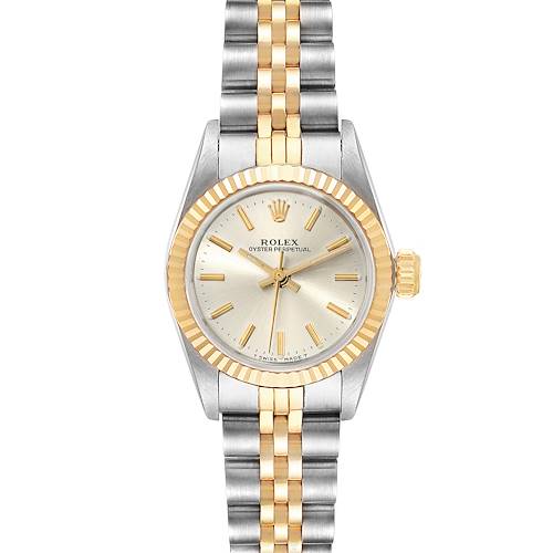 The image shows a front view of the Rolex Oyster Perpetual 67193 Women's Steel and Gold (two tone) Silver Dial 67193 Women's Steel and Gold (two tone) Silver Dial watch, highlighting the case, dial, bezel, and two-tone bracelet.