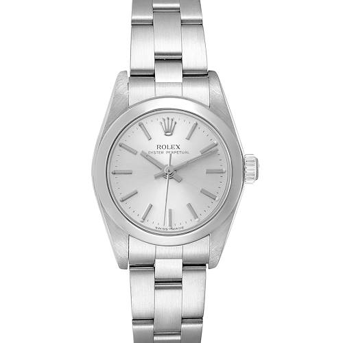 The image shows a front view of a Rolex Oyster Perpetual 76080 Women's Stainless Steel Silver Dial 76080 Women's Stainless Steel Silver Dial watch, highlighting its dial, case, and bracelet.