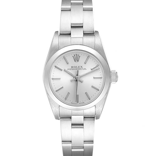 The image shows a front view of the Rolex Oyster Perpetual 76080 Women's Stainless Steel Silver Dial 76080 Women's Stainless Steel Silver Dial watch, displaying the dial, case, crown, and bracelet.