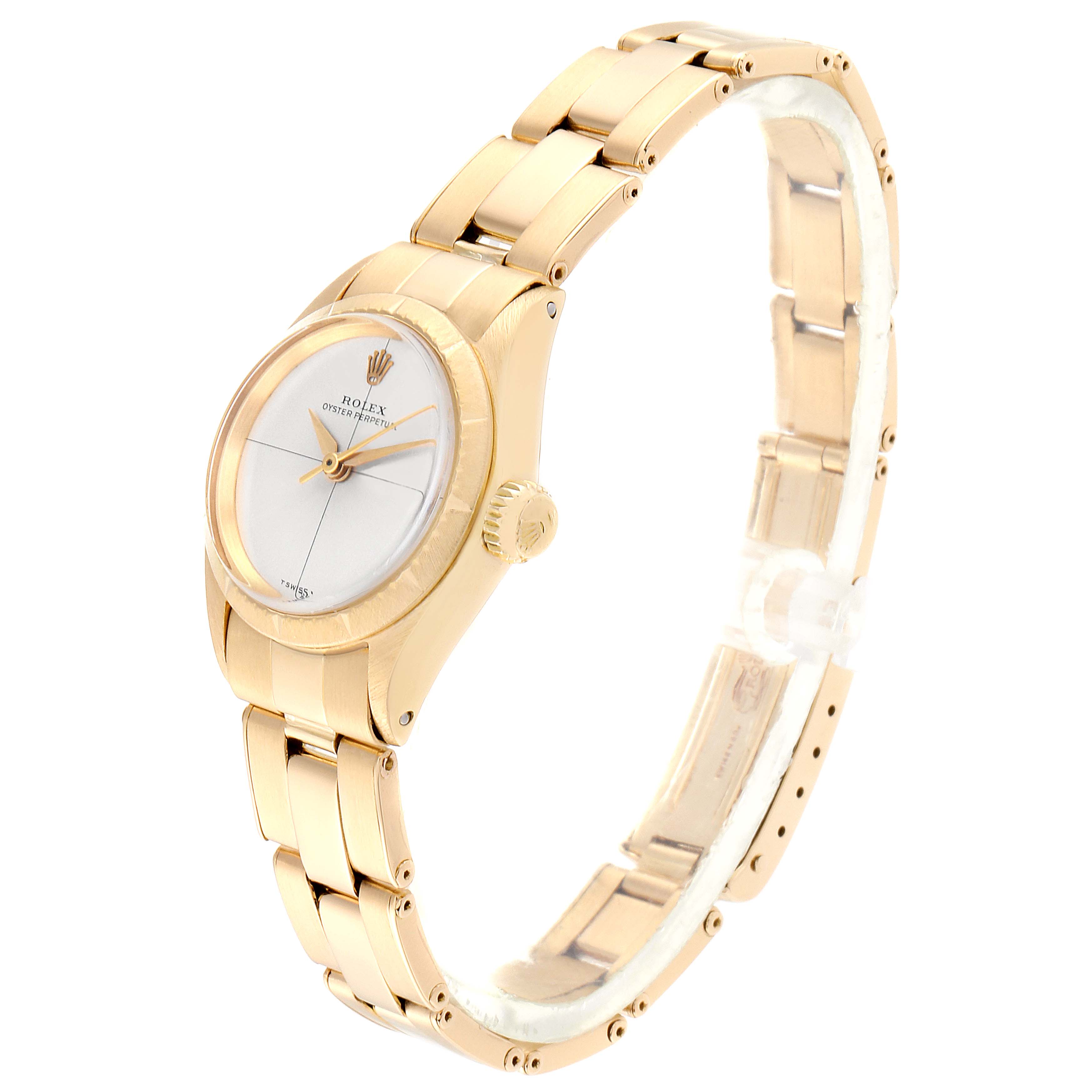 The image shows a side-angle view of a gold Rolex Oyster Perpetual 6615 Women's Yellow Gold Silver Dial 6615 Women's Yellow Gold Silver Dial watch, displaying its face, bezel, crown, and bracelet.