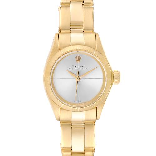 This image shows a front view of a Rolex Oyster Perpetual 6615 Women's Yellow Gold Silver Dial 6615 Women's Yellow Gold Silver Dial watch, highlighting its gold case, bracelet, and silver dial.
