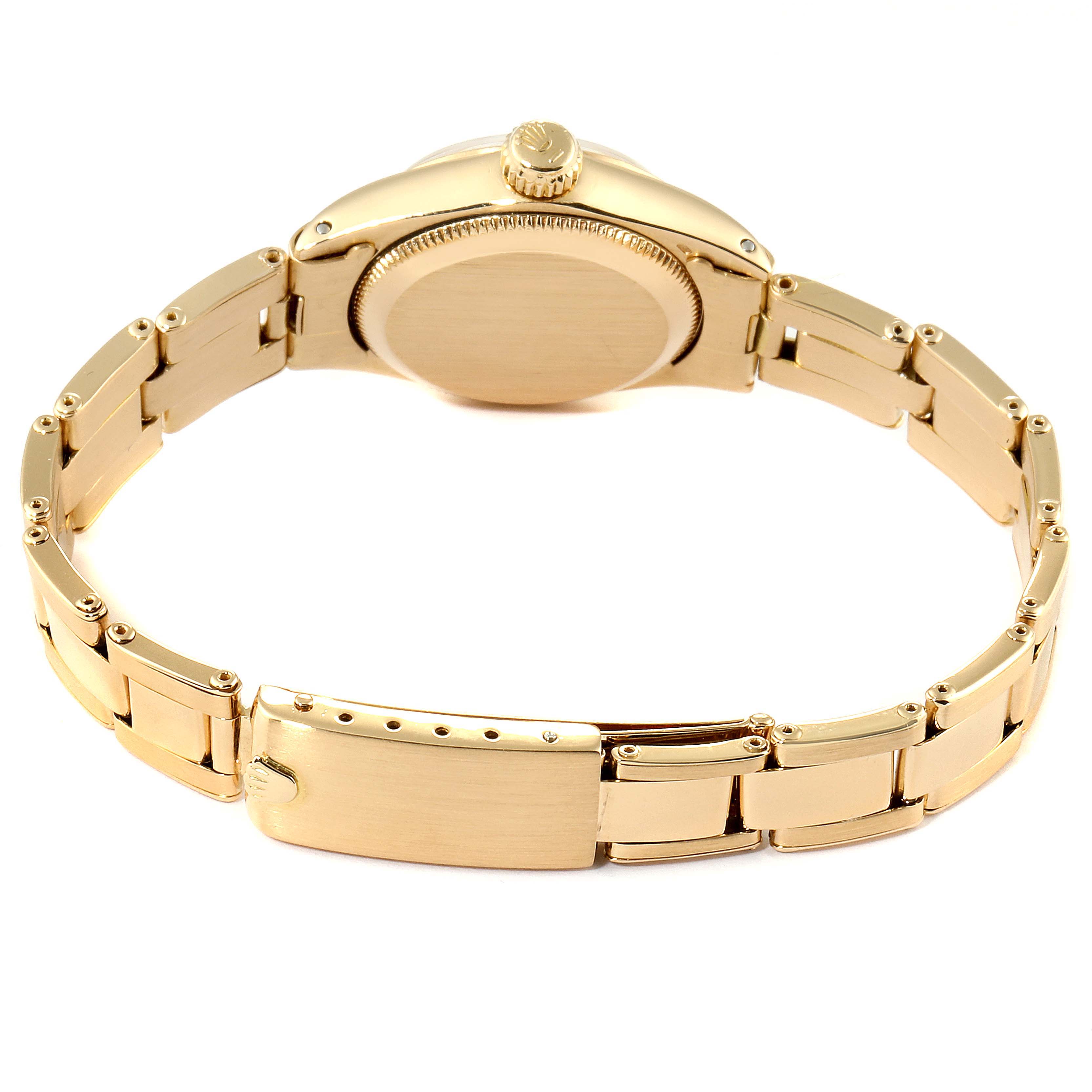 This image shows the back case and bracelet clasp of a Rolex Oyster Perpetual 6615 Women's Yellow Gold Silver Dial 6615 Women's Yellow Gold Silver Dial watch in a gold tone.