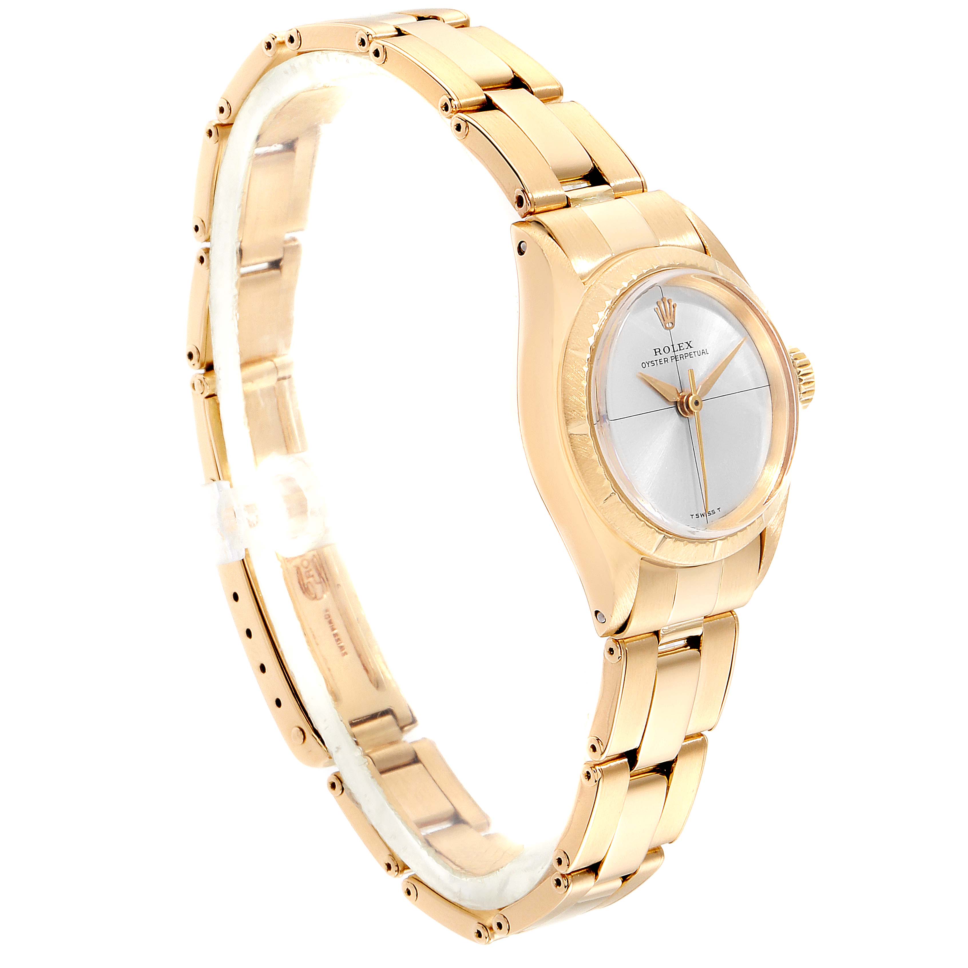 This Rolex Oyster Perpetual 6615 Women's Yellow Gold Silver Dial 6615 Women's Yellow Gold Silver Dial watch is shown from a side angle, highlighting the bracelet and part of the case and dial.