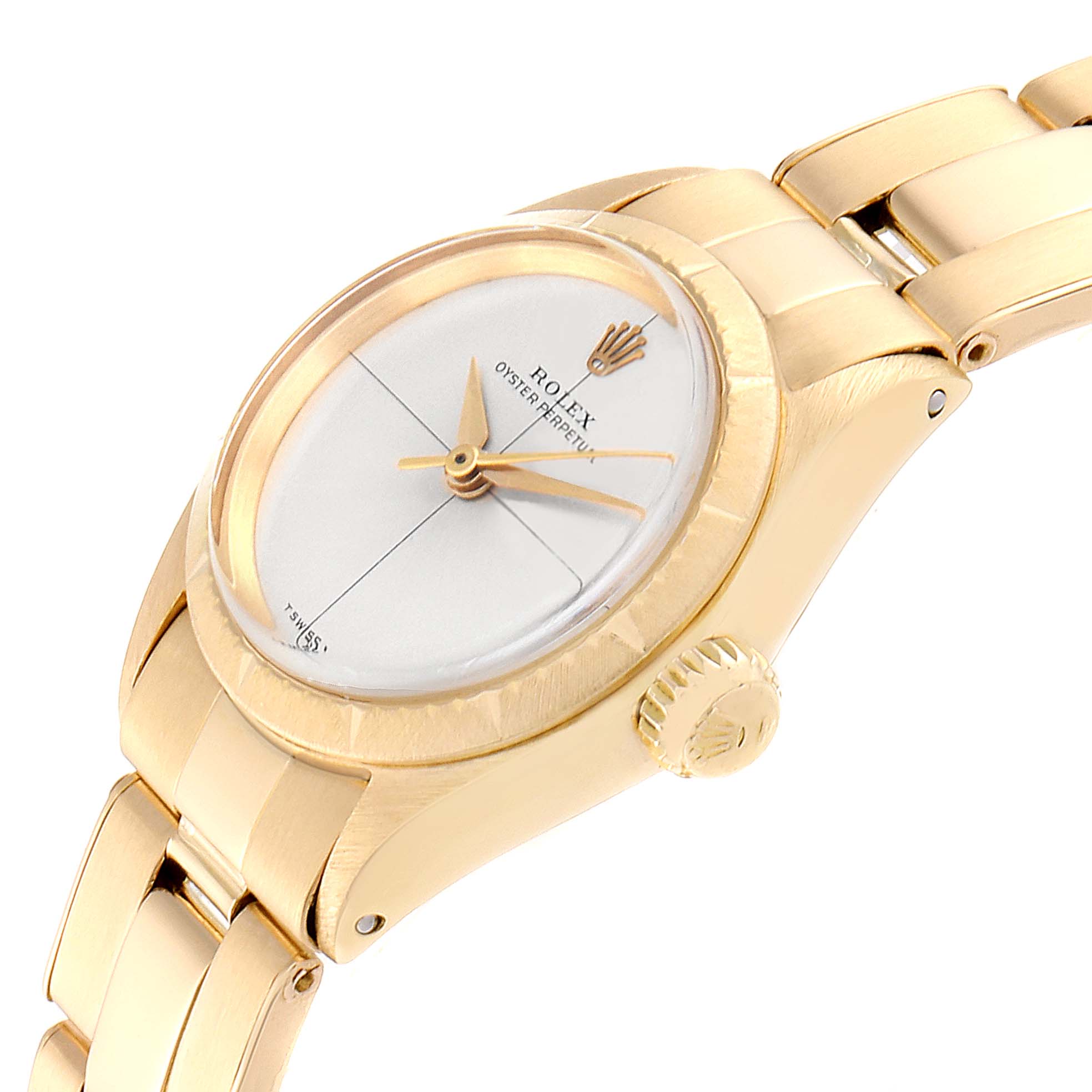 The angle shows a side and front view of the Rolex Oyster Perpetual 6615 Women's Yellow Gold Silver Dial 6615 Women's Yellow Gold Silver Dial watch, highlighting the crown, bezel, dial, and part of the bracelet.
