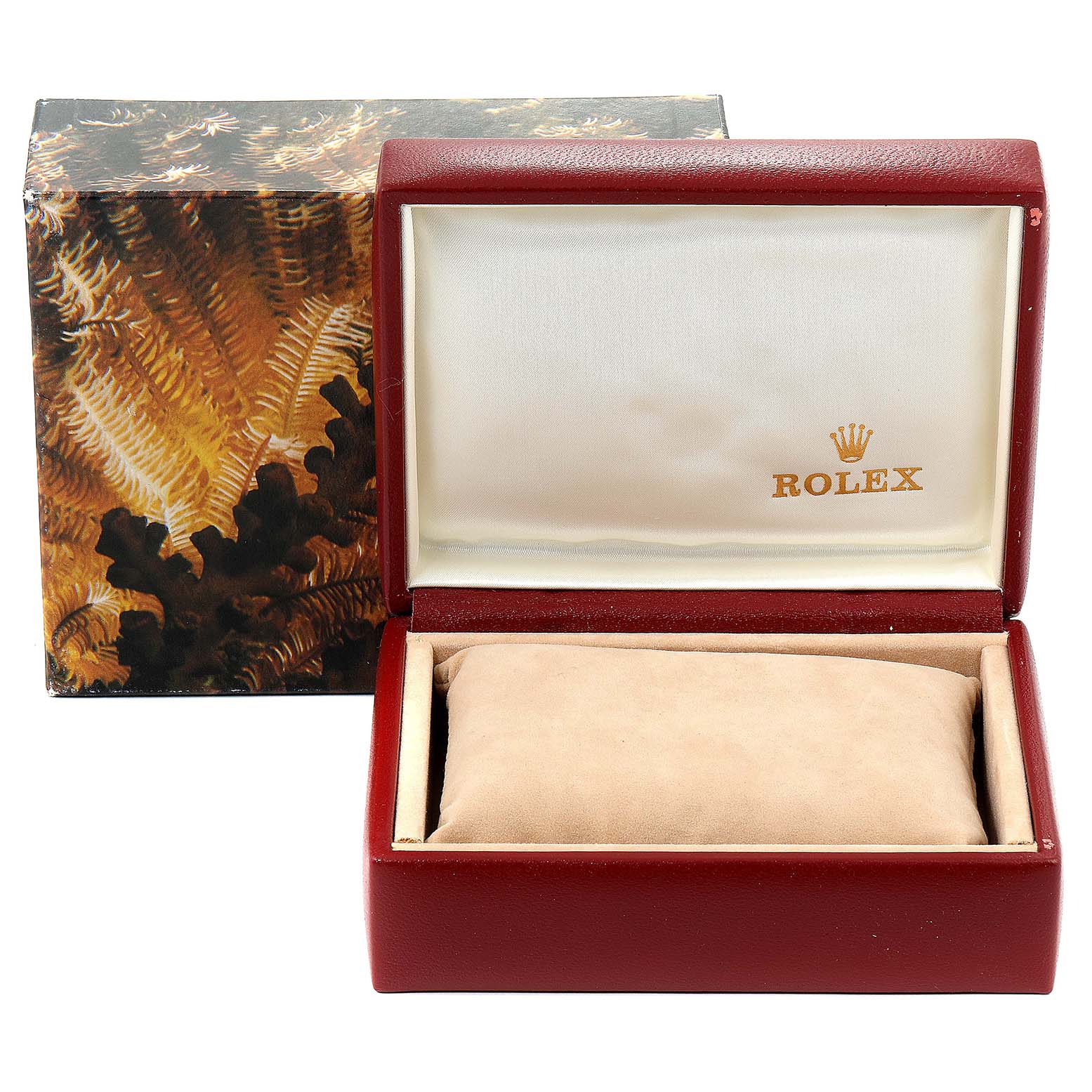 This image shows an open Rolex watch box with a pillow cushion, designed for the Oyster Perpetual model.