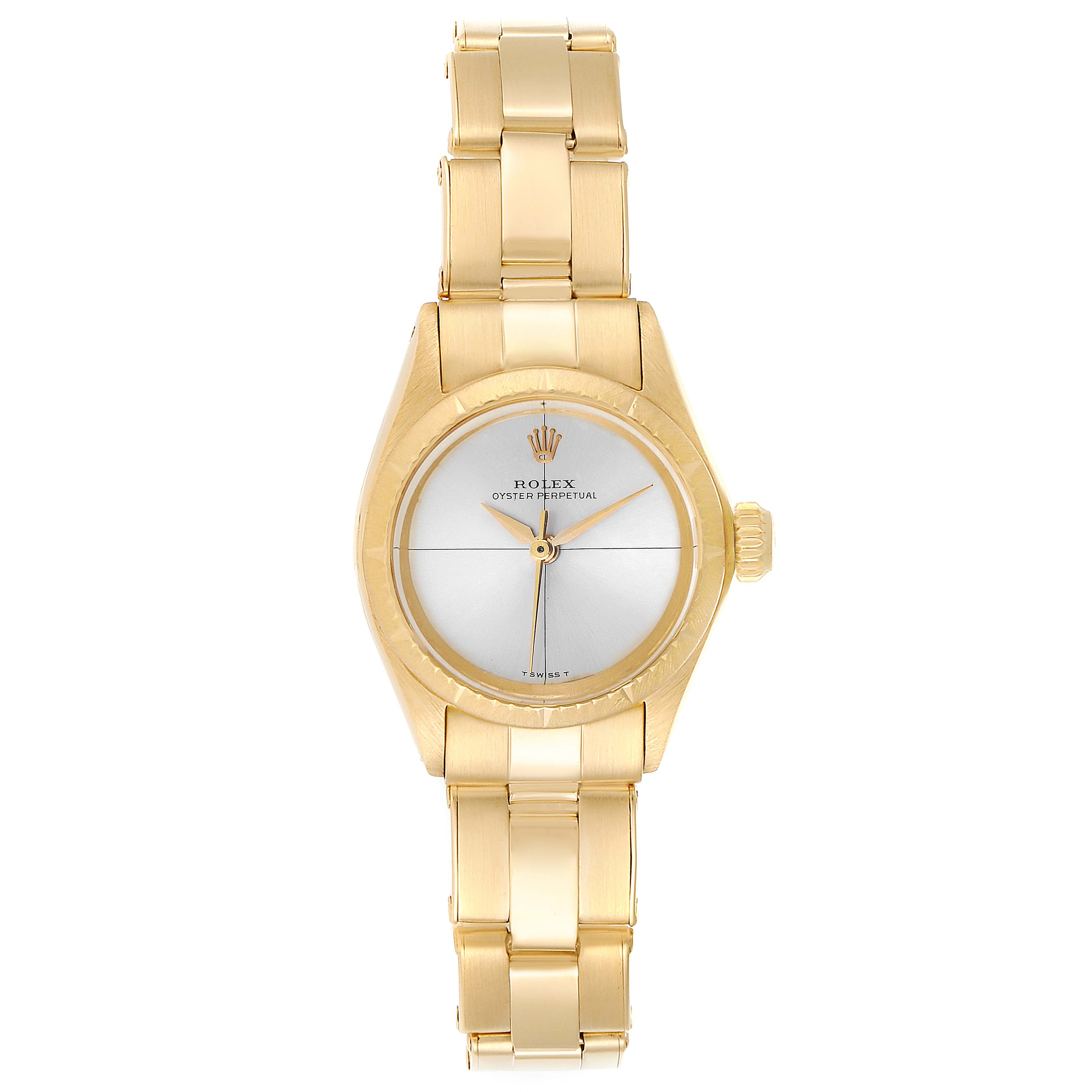 The image shows a front view of a Rolex Oyster Perpetual 6615 Women's Yellow Gold Silver Dial 6615 Women's Yellow Gold Silver Dial watch in gold with a silver dial and gold hour markers.