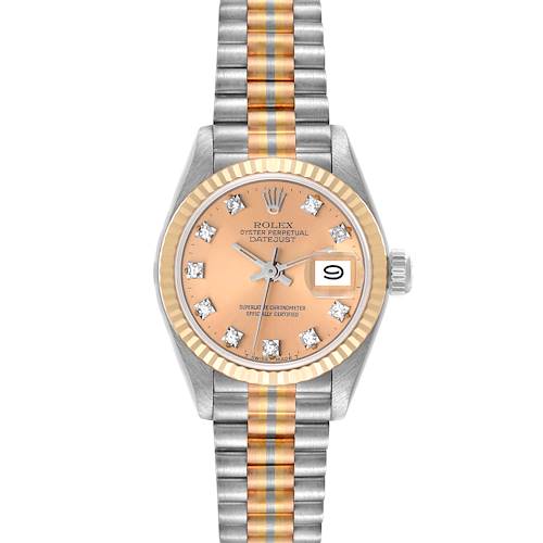 The image shows a frontal view of a Rolex President 69179 Women's White Gold Champagne Dial 69179 Women's White Gold Champagne Dial model watch, displaying the face, bezel, and bracelet.