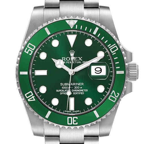 The Rolex Submariner 116610LV Men's Stainless Steel Green Dial watch is shown from a front angle, displaying the green bezel, dial, and silver bracelet.