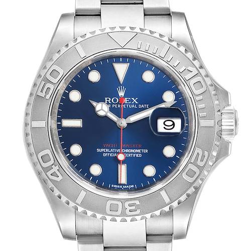 This image shows a Rolex Yacht-Master 116622 Women's Stainless Steel Blue Dial 116622 Women's Stainless Steel Blue Dial watch from a front view, highlighting the dial, bezel, and bracelet.