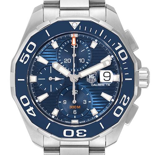 This is an overhead view of the Tag Heuer Aquaracer CAY211B.BA0927 Men's Stainless Steel Blue Dial CAY211B.BA0927 Men's Stainless Steel Blue Dial watch showing the face, bezel, and part of the stainless steel band.