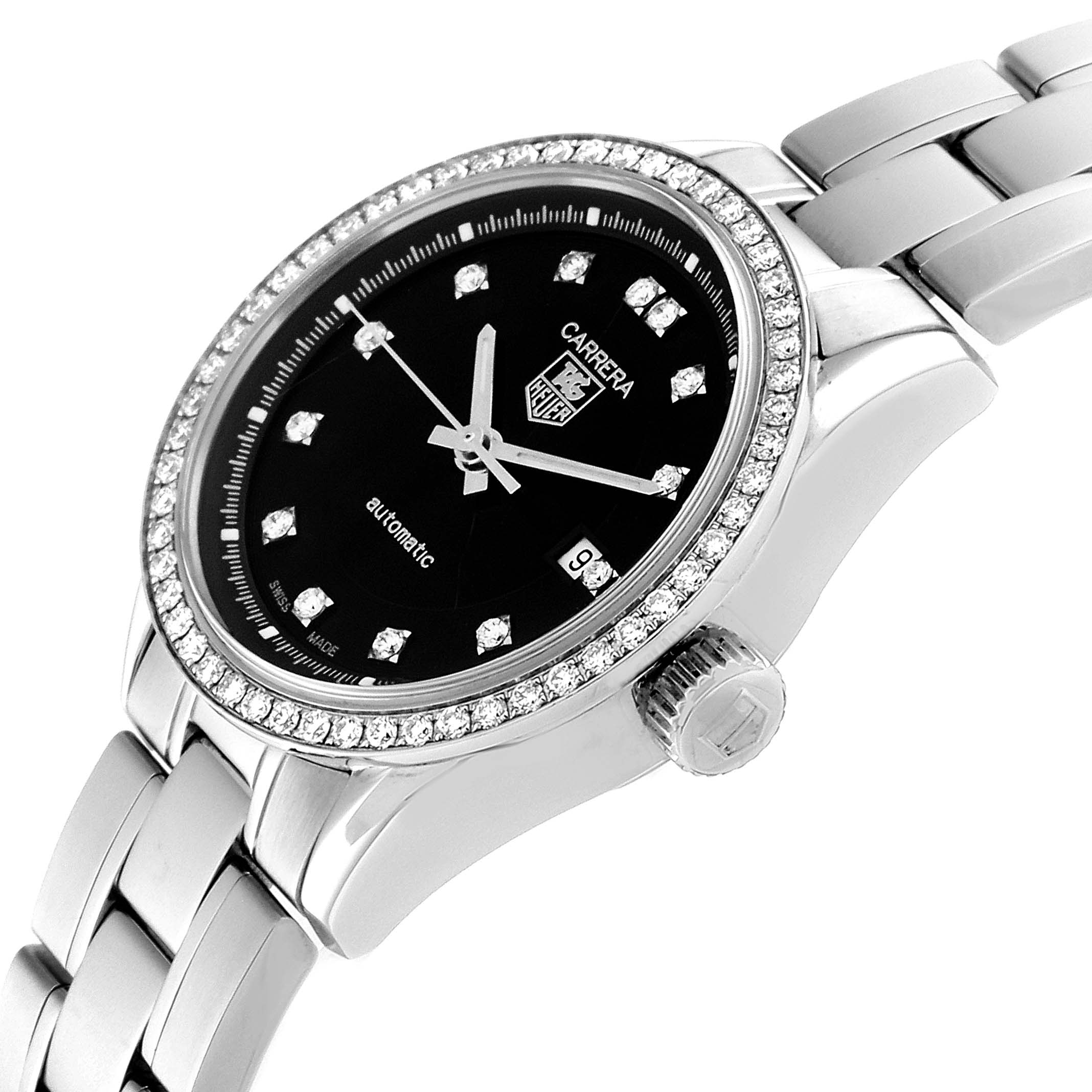 The image shows an angled view of the Tag Heuer Carrera WV2412.BA0793 Women's Stainless Steel Black Dial WV2412.BA0793 Women's Stainless Steel Black Dial watch, highlighting the face, bezel, crown, and part of the bracelet.