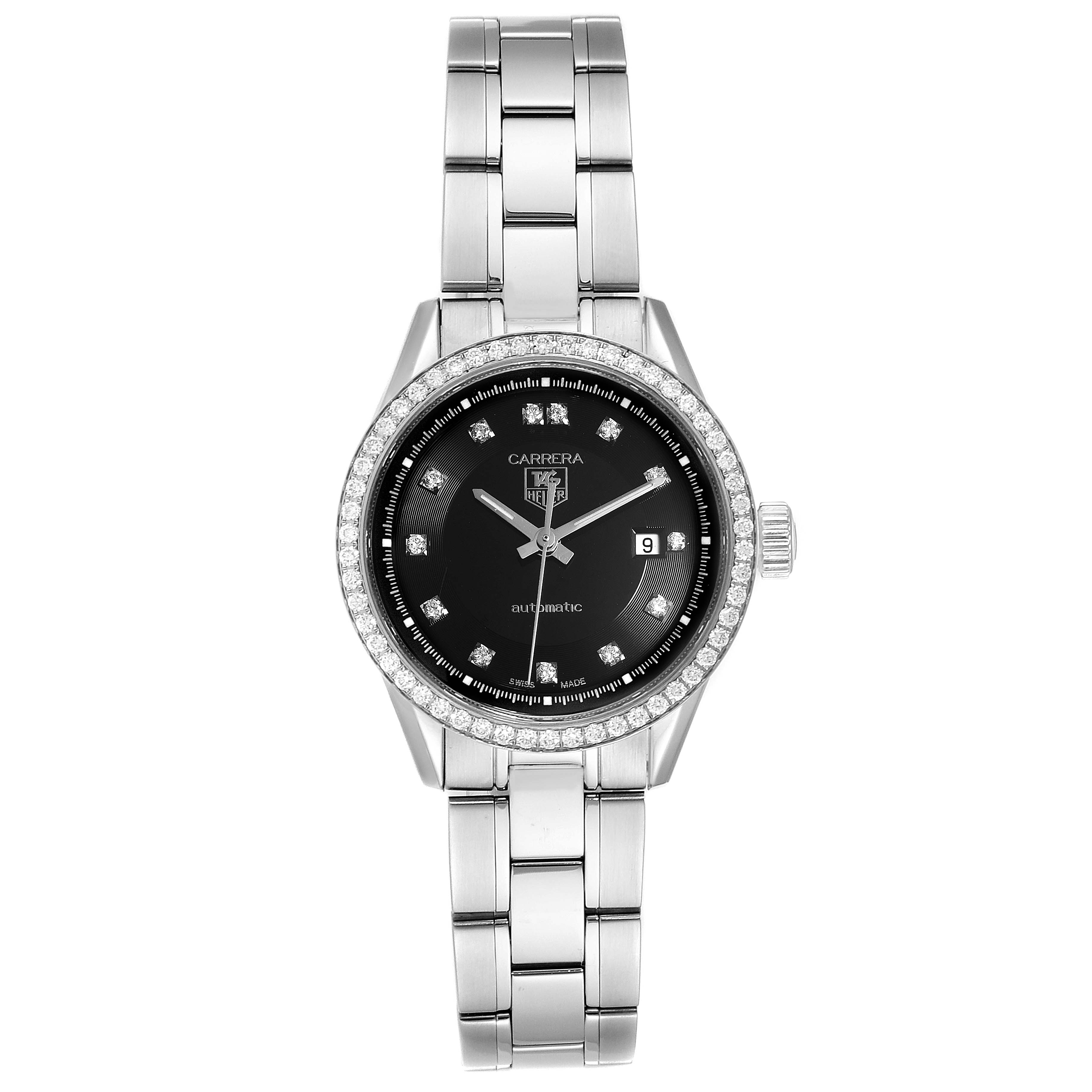 The Tag Heuer Carrera WV2412.BA0793 Women's Stainless Steel Black Dial WV2412.BA0793 Women's Stainless Steel Black Dial watch is shown from a direct front view displaying its dial, bezel, and bracelet.