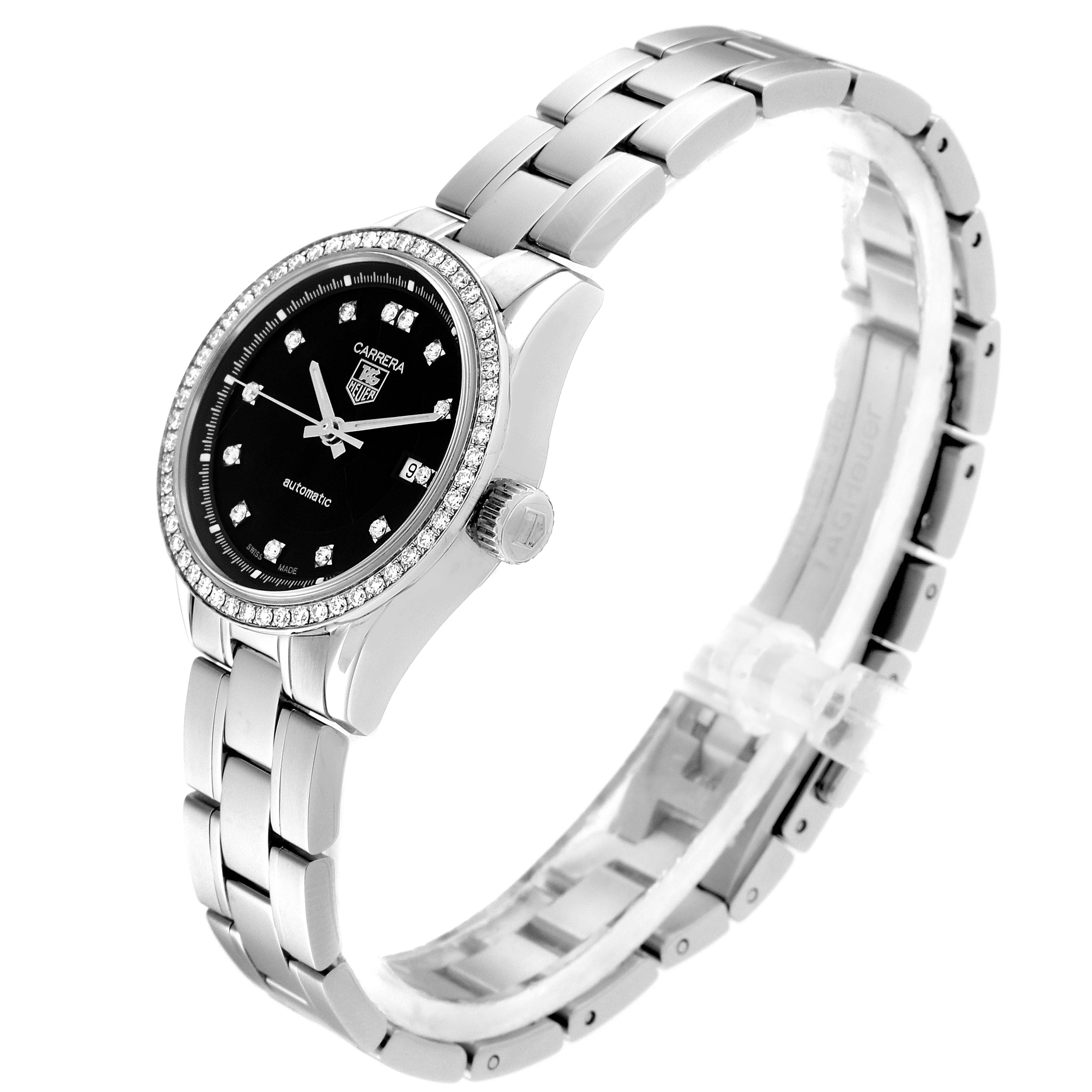 The Tag Heuer Carrera WV2412.BA0793 Women's Stainless Steel Black Dial WV2412.BA0793 Women's Stainless Steel Black Dial watch is shown from a side angle, highlighting the black dial, diamond bezel, and silver bracelet.