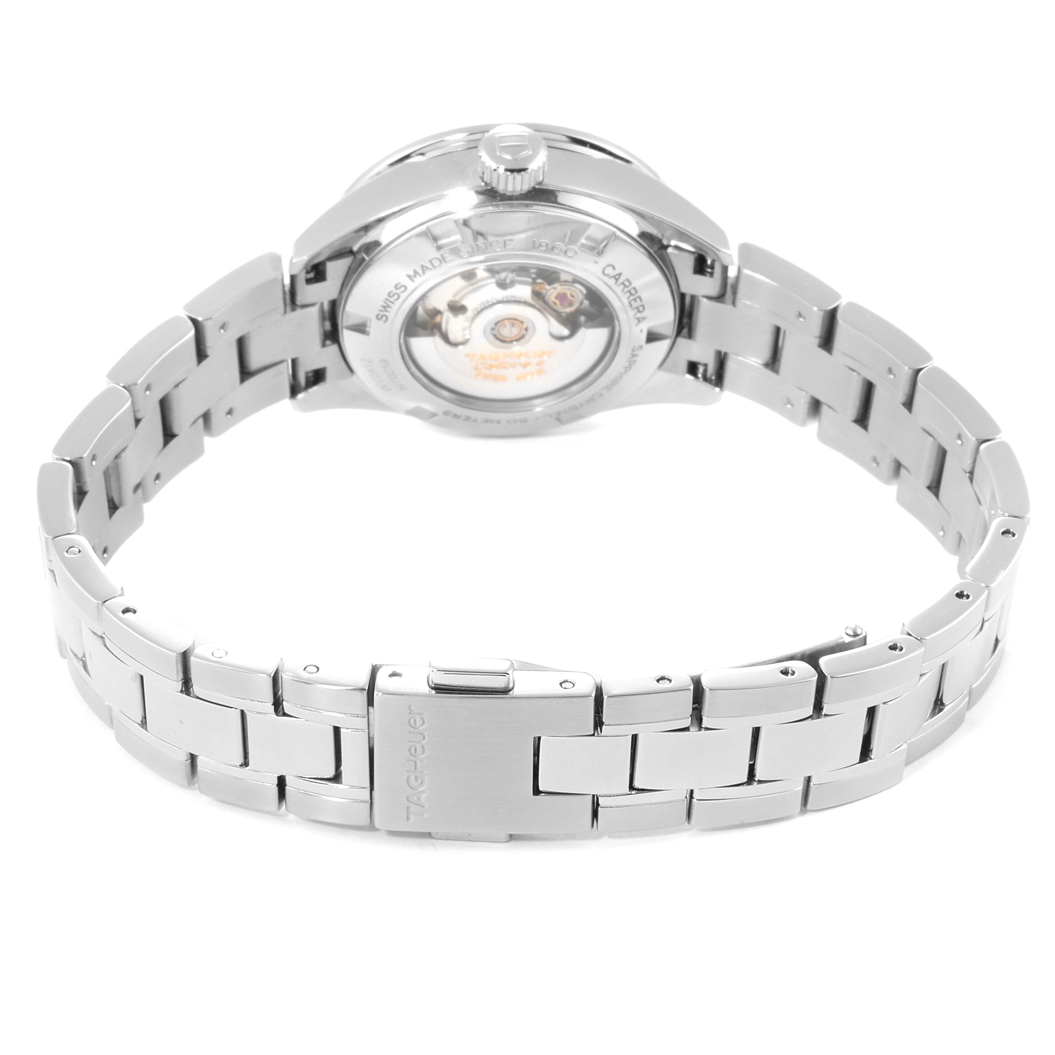 The image shows the back of a Tag Heuer Carrera WV2412.BA0793 Women's Stainless Steel Black Dial WV2412.BA0793 Women's Stainless Steel Black Dial watch, highlighting its metal bracelet and visible movement through the case back.