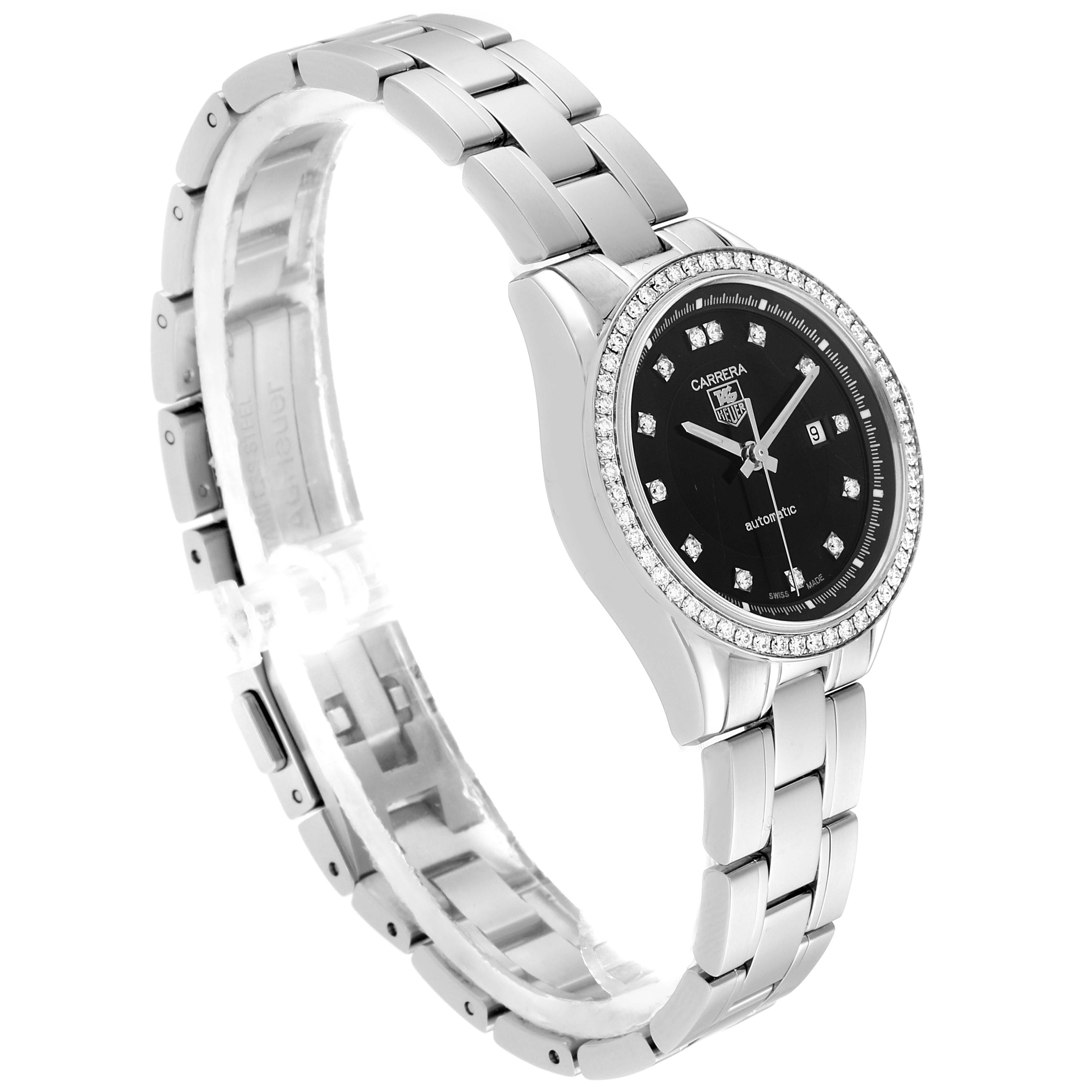 The image shows a side view of a Tag Heuer Carrera WV2412.BA0793 Women's Stainless Steel Black Dial WV2412.BA0793 Women's Stainless Steel Black Dial watch with a silver bracelet, black dial, and diamond-studded bezel.