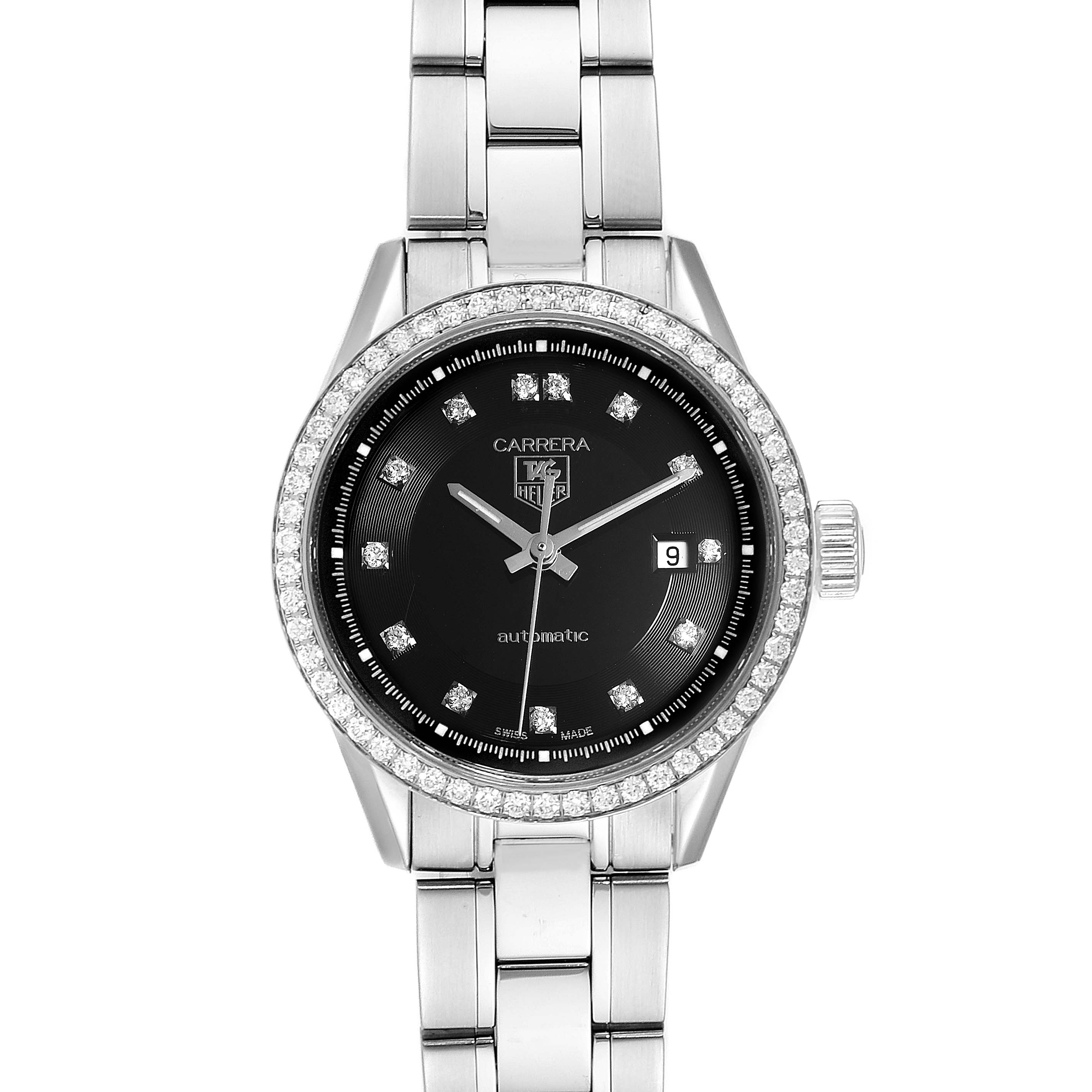 The image shows a front view of the Tag Heuer Carrera WV2412.BA0793 Women's Stainless Steel Black Dial WV2412.BA0793 Women's Stainless Steel Black Dial watch, highlighting the dial, bezel, and part of the bracelet.
