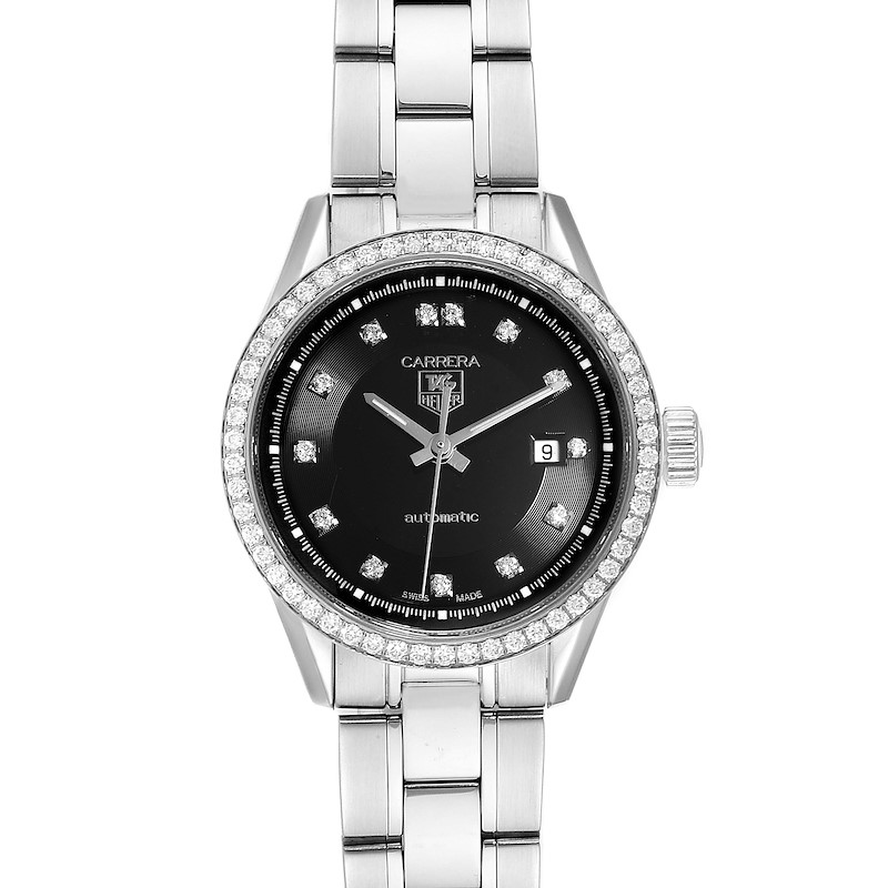 The image shows a front view of the Tag Heuer Carrera WV2412.BA0793 Women's Stainless Steel Black Dial WV2412.BA0793 Women's Stainless Steel Black Dial watch, highlighting the dial, bezel, and part of the bracelet.