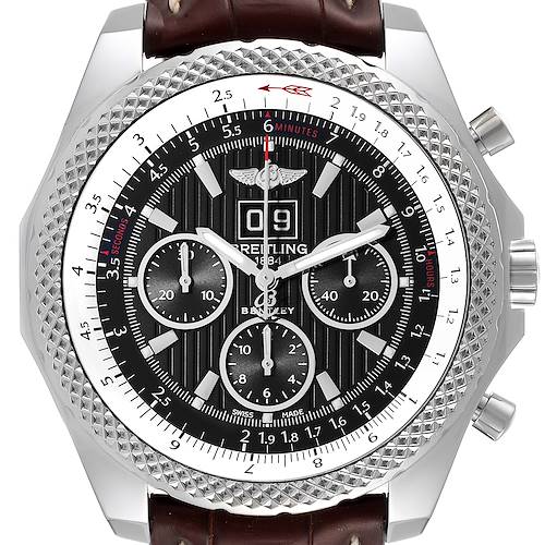 The image shows a close-up view of the dial and bezel of a Breitling Bentley A44364 Men's Stainless Steel Black Dial A44364 Men's Stainless Steel Black Dial watch, highlighting its chronograph features.