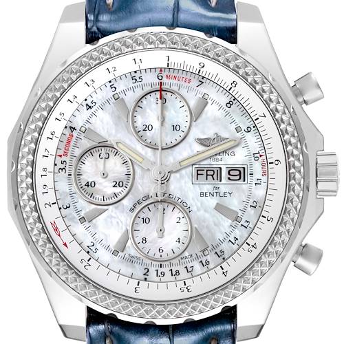 The image shows a front view of a Breitling Bentley A133628X/A786 Men's Stainless Steel Mother of Pearl Dial A133628X/A786 Men's Stainless Steel Mother of Pearl Dial model watch with detailed dials and a blue strap.