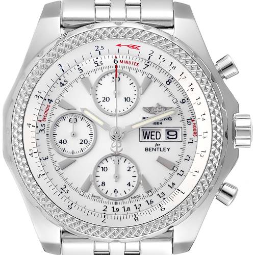 The image shows a front view of a Breitling Bentley A13362 Men's Stainless Steel Silver Dial A13362 Men's Stainless Steel Silver Dial watch, displaying the dial, subdials, and date indicators in detail.