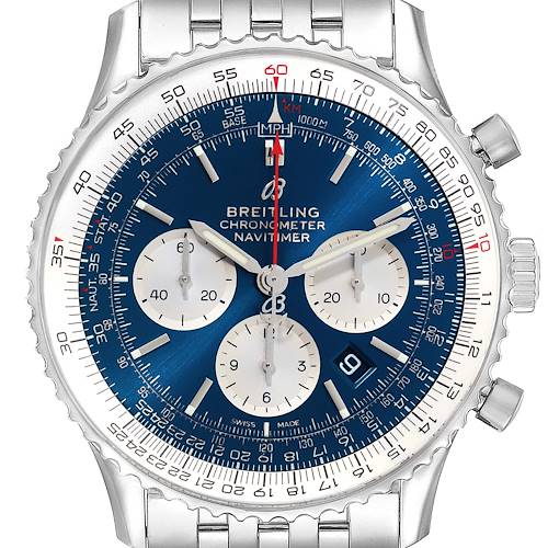 The image shows a front view of a Breitling Navitimer AB0127211C1A1 Men's Stainless Steel Blue Dial AB0127211C1A1 Men's Stainless Steel Blue Dial watch, highlighting its blue dial, subdials, bezel, and metal bracelet.