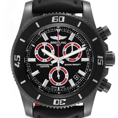 This image shows a front view of the Breitling Superocean M73310B7 Men's Stainless Steel Black Dial M73310B7 Men's Stainless Steel Black Dial watch, displaying the dial, bezel, and chronograph subdials.