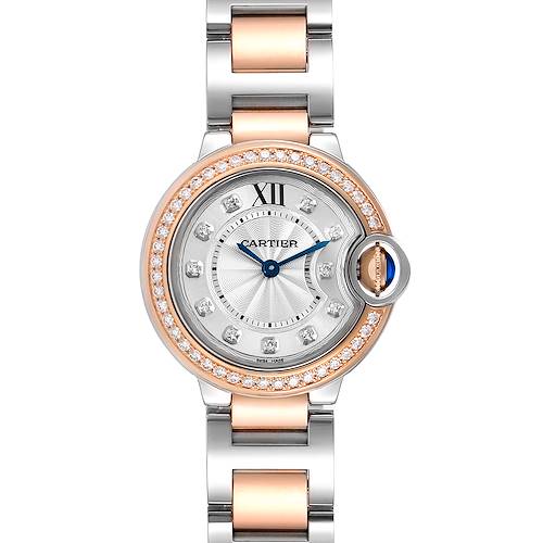 The image shows a front view of a Cartier Ballon Bleu W3BB0009 Women's Steel and Gold (two tone) Silver Dial W3BB0009 Women's Steel and Gold (two tone) Silver Dial watch, highlighting its two-tone bracelet and diamond-studded bezel.
