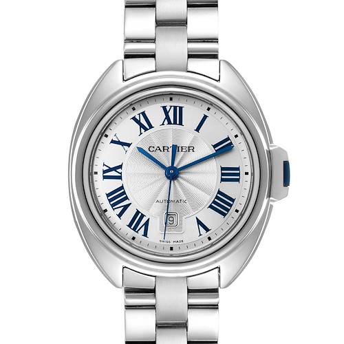 The image shows a front view of a Cartier Cle WSCL0005 Women's Stainless Steel Blue Dial WSCL0005 Women's Stainless Steel Blue Dial model watch, displaying its dial, Roman numerals, and stainless steel bracelet.