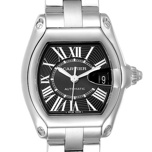 The image shows a frontal view of the Cartier Roadster W62041V3 Men's Stainless Steel Black Dial W62041V3 Men's Stainless Steel Black Dial watch, highlighting its face, dial, and crown.