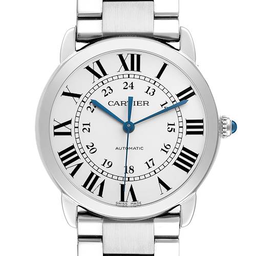The Cartier Ronde WSRN0012 Men's Stainless Steel Silver Dial model is shown from a front angle, highlighting its dial, Roman numerals, blued hands, and part of the bracelet.