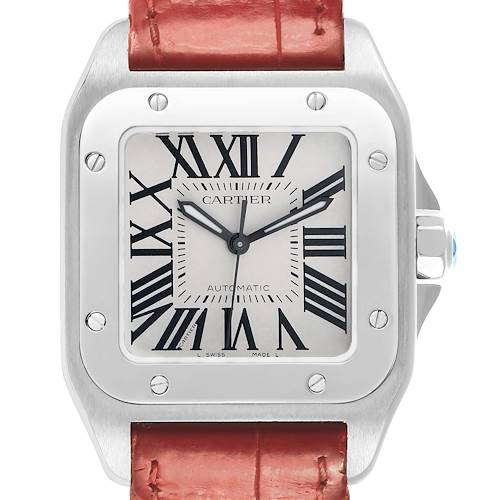 The Cartier Santos W20126X8 Men's Stainless Steel Silver Dial watch is shown from the front, highlighting the dial, Roman numerals, and part of the strap.