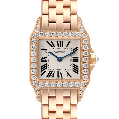 The Santos Demoiselle model by Cartier is shown from the front, featuring its dial and part of the bracelet.