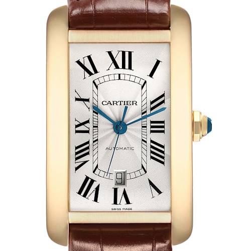 The Cartier Tank Americaine W2609756 Men's Yellow Gold Silver Dial is shown from the front, displaying the dial, hands, Roman numerals, date window, and leather strap.