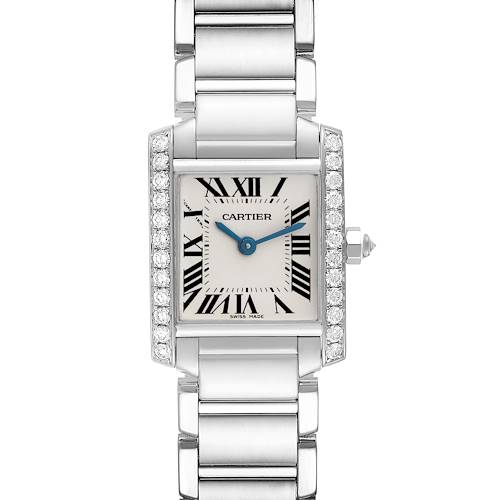 This image shows the front view of the Cartier Tank Francaise WE1002S3 Women's White Gold Silver Dial WE1002S3 Women's White Gold Silver Dial watch, highlighting its rectangular dial, Roman numerals, and metal bracelet.