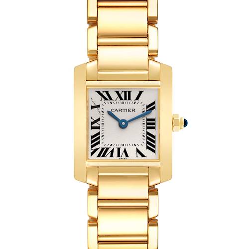 The image shows a front view of a Cartier Tank Française watch, displaying its gold bracelet, rectangular case, and Roman numeral dial.