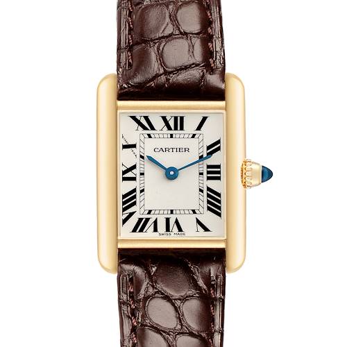 The image shows a Cartier Tank Louis W1529856 Women's Yellow Gold Silver Dial watch from a top-down angle, highlighting the rectangular face, Roman numerals, and brown leather strap.