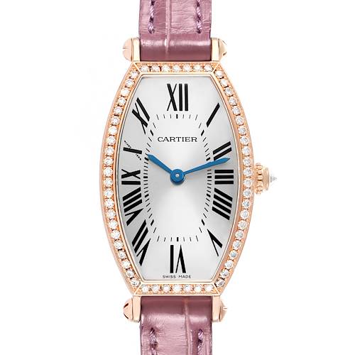 The Cartier Tonneau WE400331 Women's Rose Gold Silver Dial watch is shown from the front, showcasing its elongated case, diamond bezel, and purple strap.