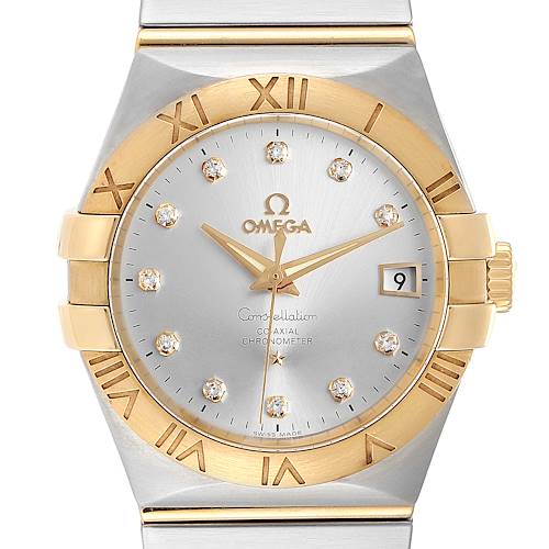 This image shows a front view of the Omega Constellation 111.20.36.20.52.001 Men's Steel and Gold (two tone) Silver Dial 111.20.36.20.52.001 Men's Steel and Gold (two tone) Silver Dial watch, highlighting its bezel, dial, hands, and date window.