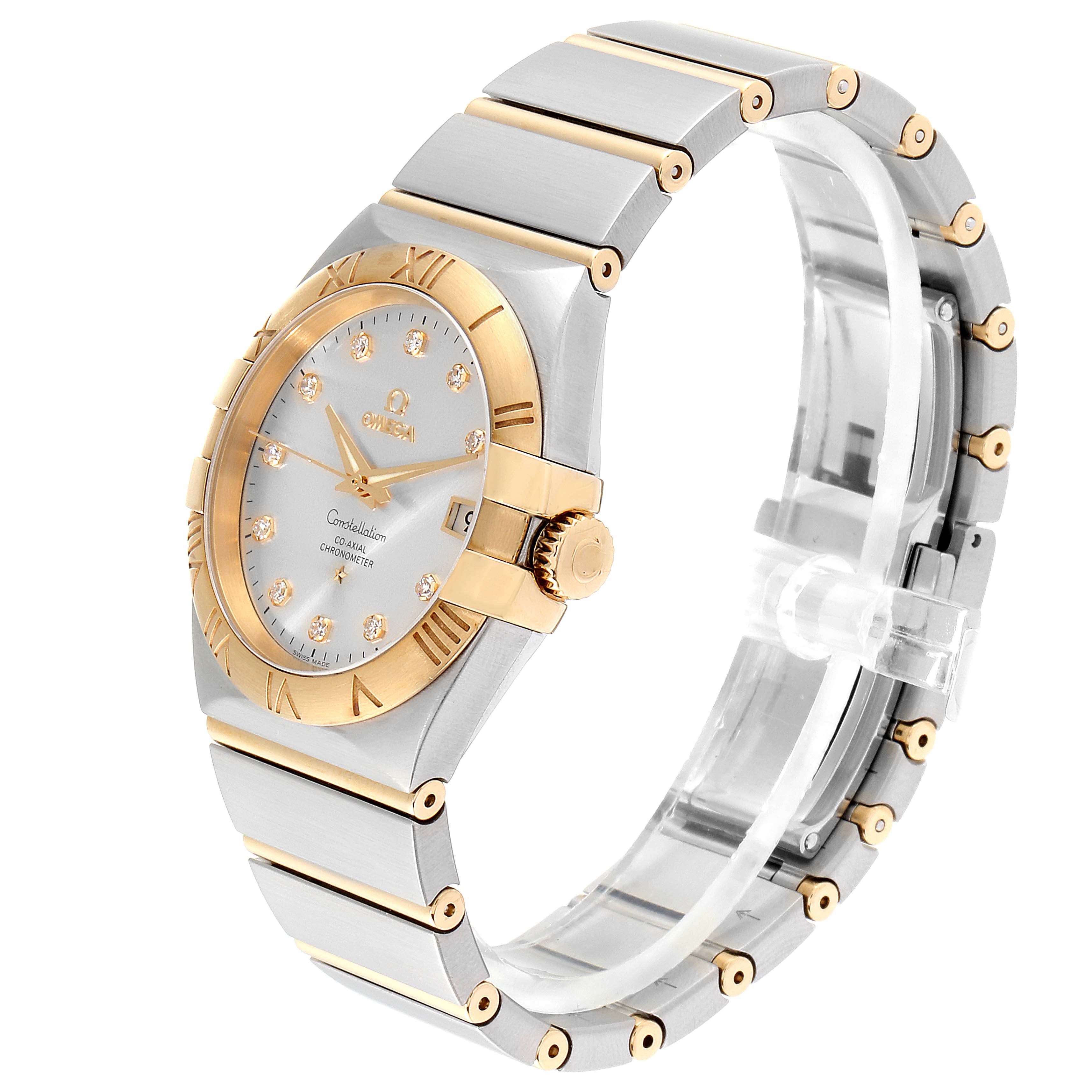 The image shows a side angle view of the Omega Constellation 111.20.36.20.52.001 Men's Steel and Gold (two tone) Silver Dial 111.20.36.20.52.001 Men's Steel and Gold (two tone) Silver Dial watch, highlighting the face, bezel, band, and crown.