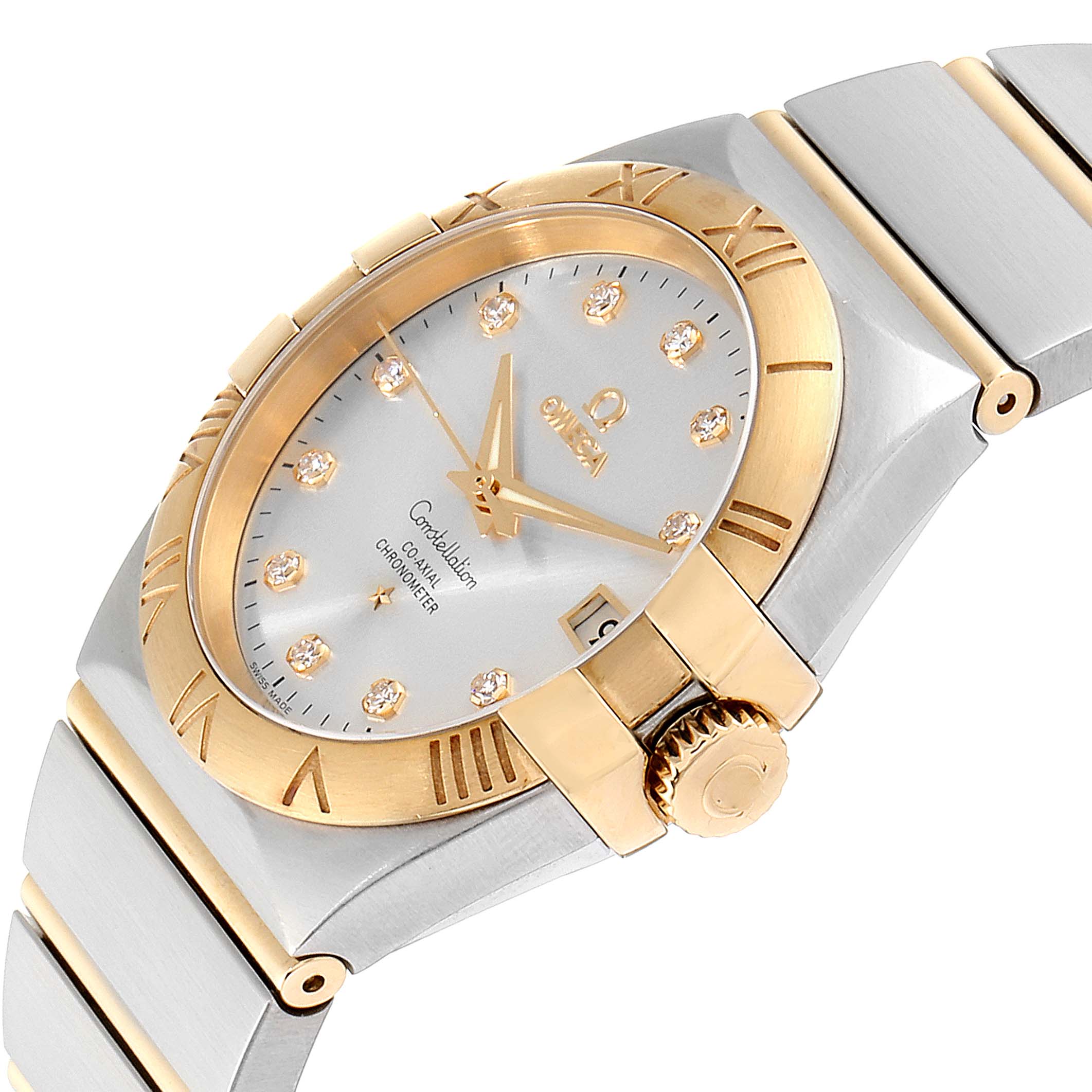 This image shows a close-up angled shot of the Omega Constellation 111.20.36.20.52.001 Men's Steel and Gold (two tone) Silver Dial 111.20.36.20.52.001 Men's Steel and Gold (two tone) Silver Dial watch, highlighting the bezel, dial, crown, and part of the bracelet.