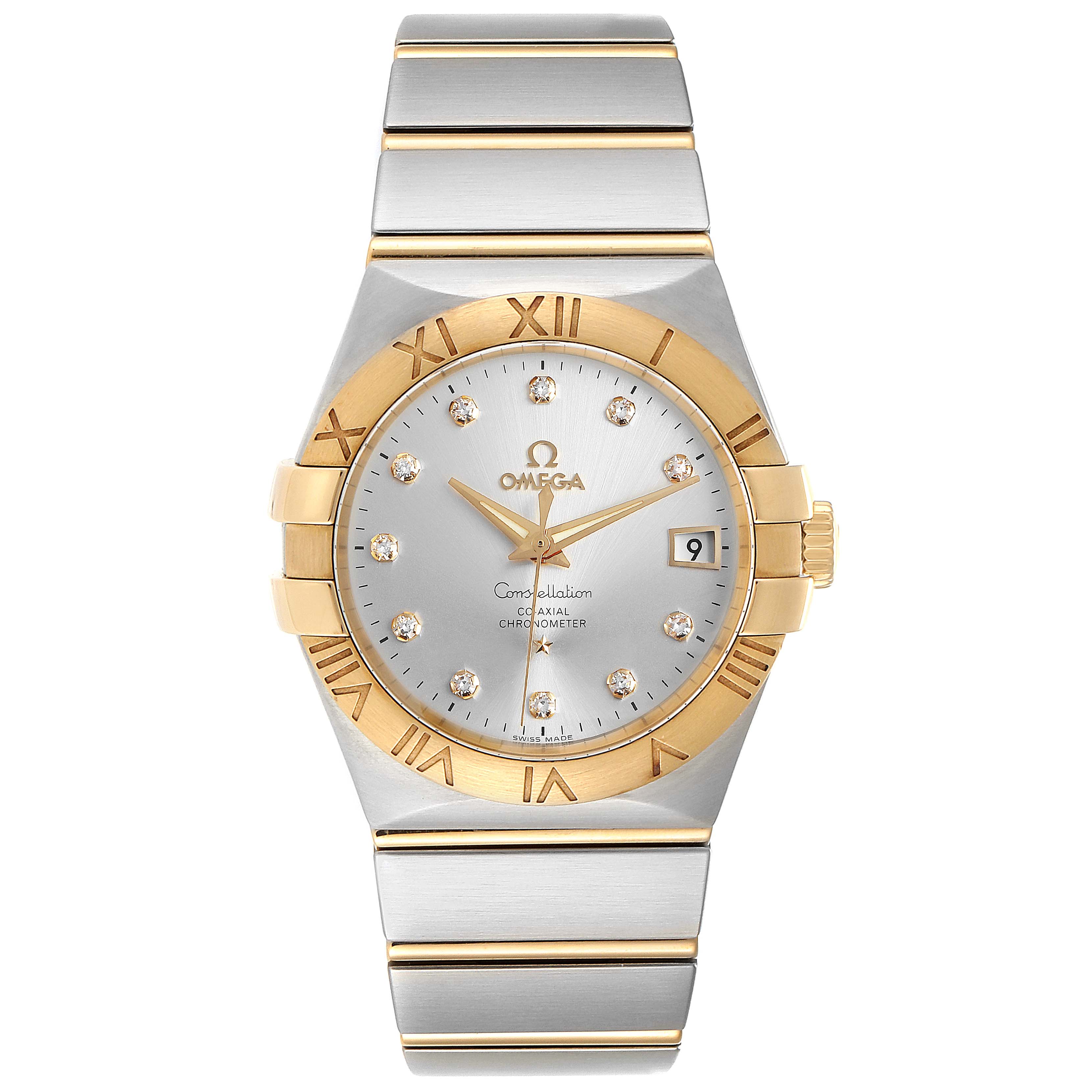 This image shows a front view of an Omega Constellation 111.20.36.20.52.001 Men's Steel and Gold (two tone) Silver Dial 111.20.36.20.52.001 Men's Steel and Gold (two tone) Silver Dial watch, featuring a silver and gold design with a date window and diamond hour markers.