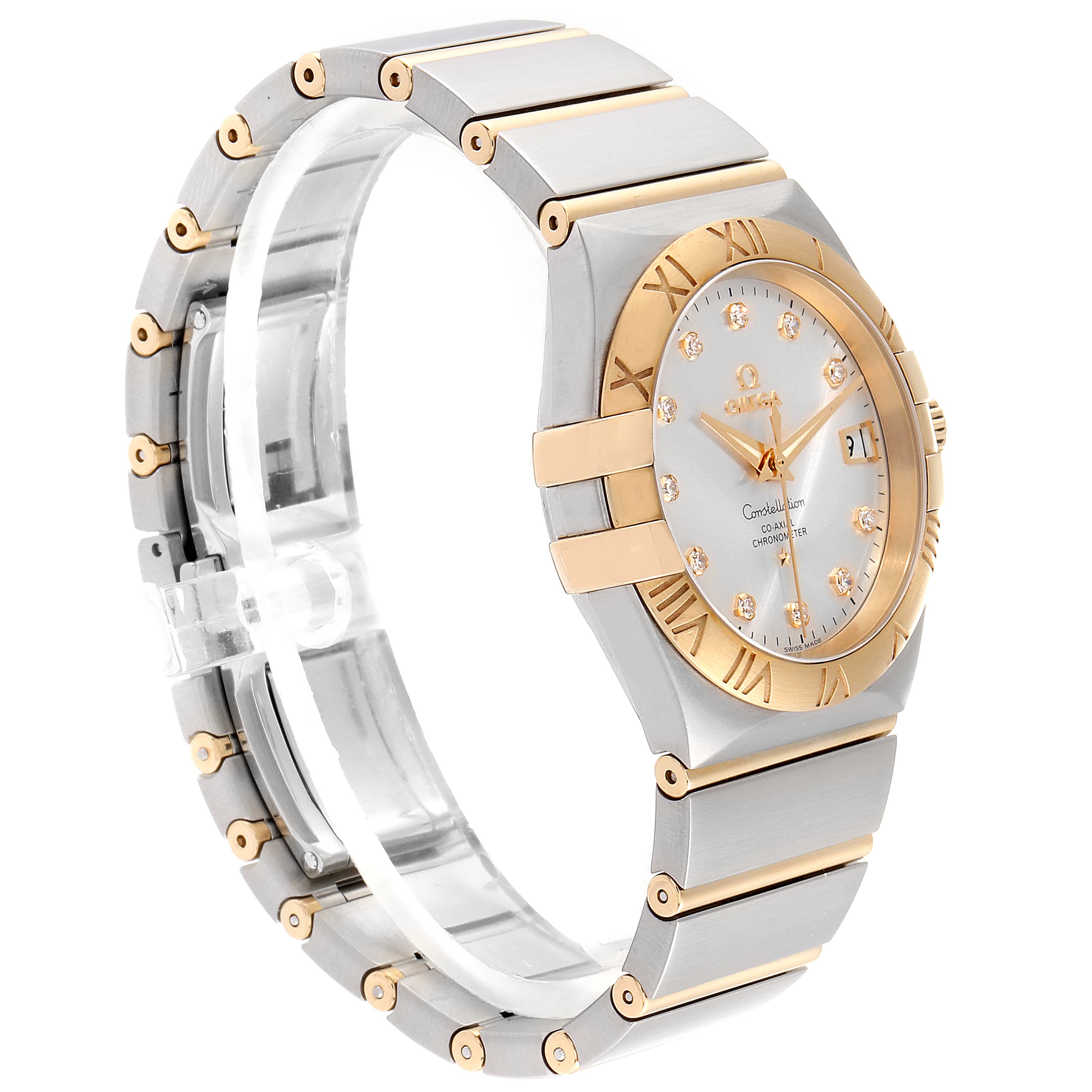 The image shows a side and front angle of the Omega Constellation 111.20.36.20.52.001 Men's Steel and Gold (two tone) Silver Dial 111.20.36.20.52.001 Men's Steel and Gold (two tone) Silver Dial watch, highlighting the case, bracelet, and bezel.