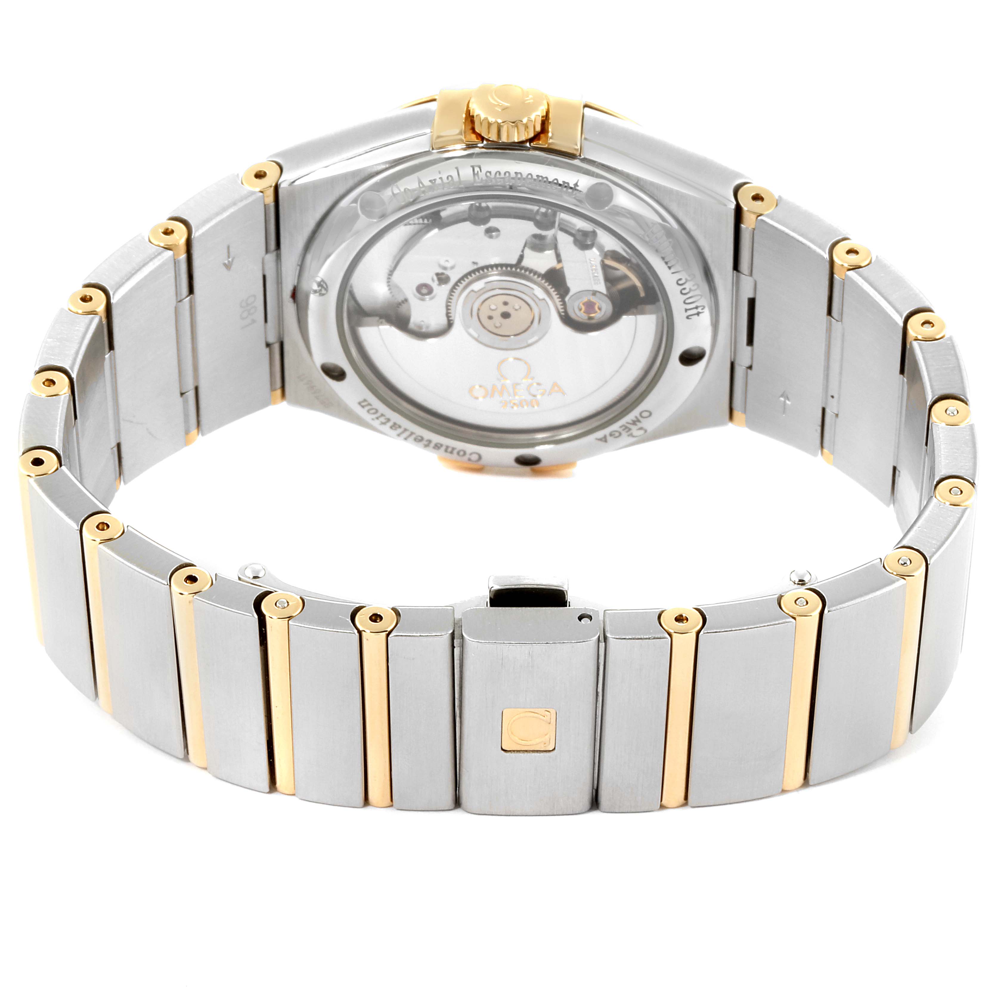 The image shows the back view of an Omega Constellation 111.20.36.20.52.001 Men's Steel and Gold (two tone) Silver Dial 111.20.36.20.52.001 Men's Steel and Gold (two tone) Silver Dial watch, highlighting the transparent case back and bracelet.
