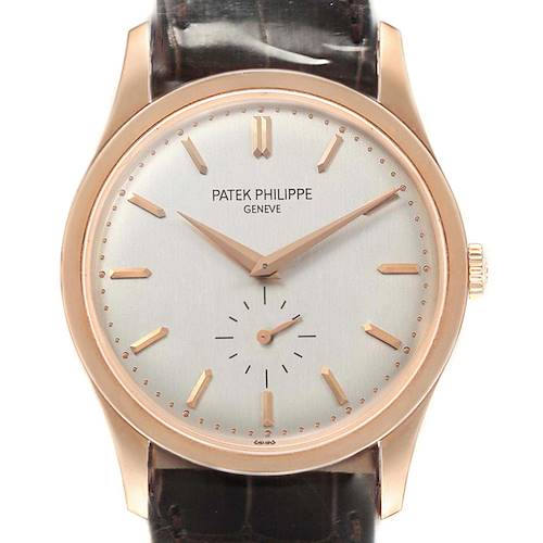 The image shows a front view of the Patek Philippe Calatrava 5196R Men's Rose Gold Silver Dial 5196R Men's Rose Gold Silver Dial watch, highlighting its dial, hour markers, hands, and crown.