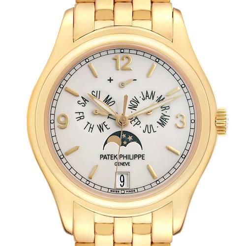 The Patek Philippe Complications 5146J Men's Yellow Gold Beige Dial watch is shown from a front view, highlighting the dial, calendar features, moon phase, and bracelet.