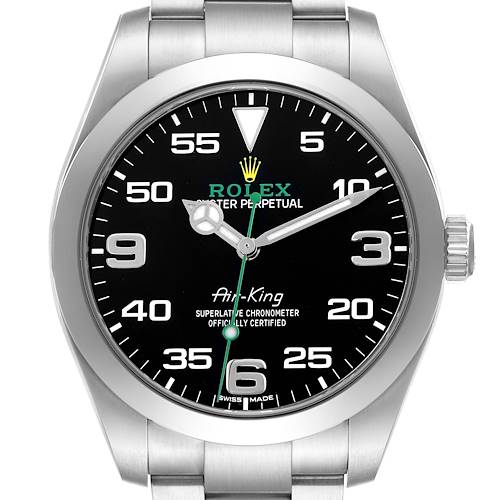 The Rolex Air-King 116900 Men's Stainless Steel Black Dial watch is shown from a frontal angle, displaying the dial, bezel, and part of the bracelet.