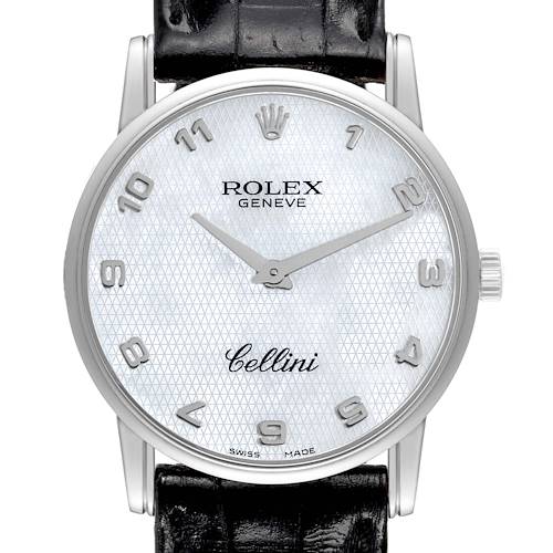 This image shows a front view of a Rolex Cellini 5116/9 Men's White Gold Mother of Pearl Dial 5116/9 Men's White Gold Mother of Pearl Dial watch, showcasing its dial, hands, crown, and part of the leather strap.