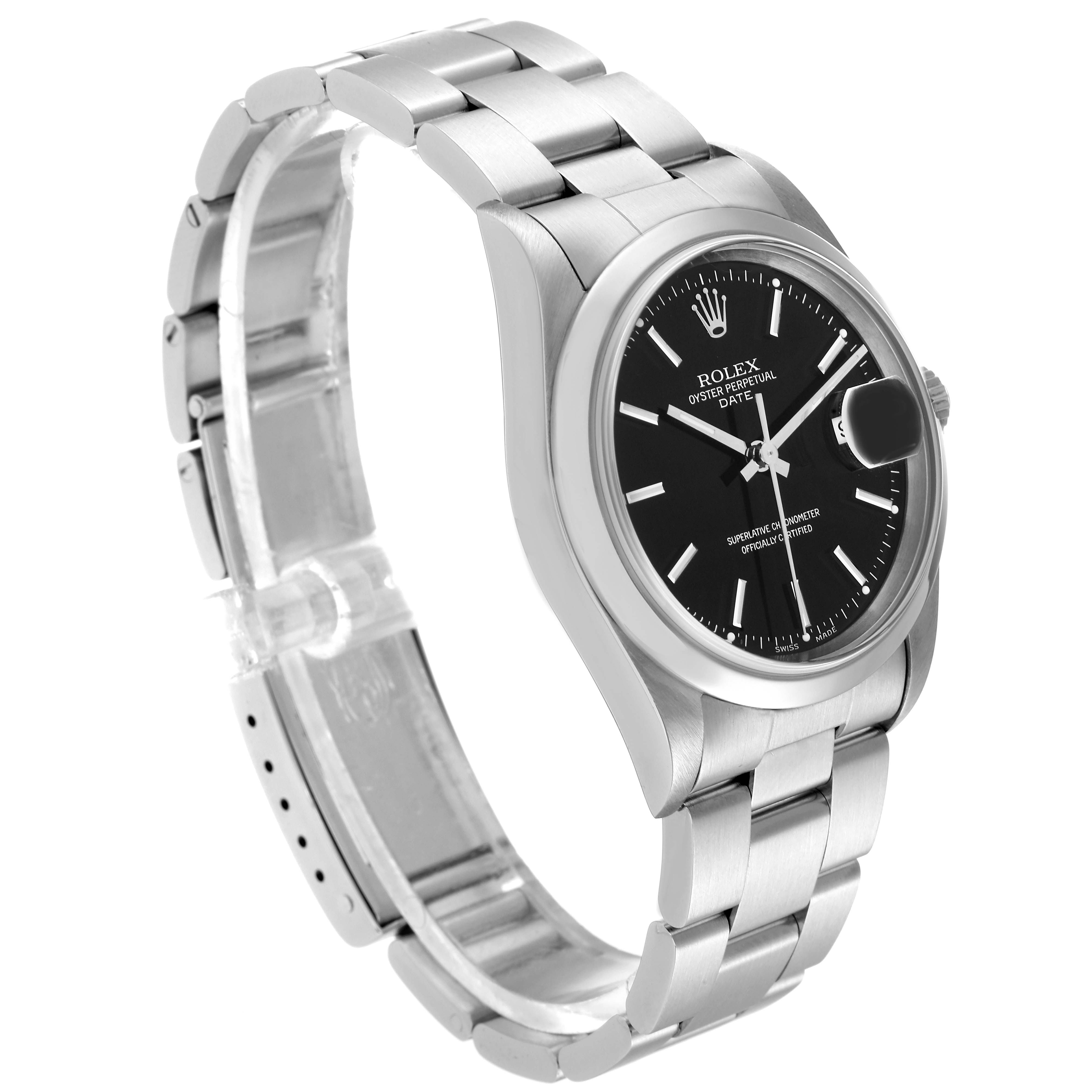 The image is of a Rolex Date 15200 Men's Stainless Steel Black Dial 15200 Men's Stainless Steel Black Dial model with a partial side angle showing the face, bracelet, and clasp.